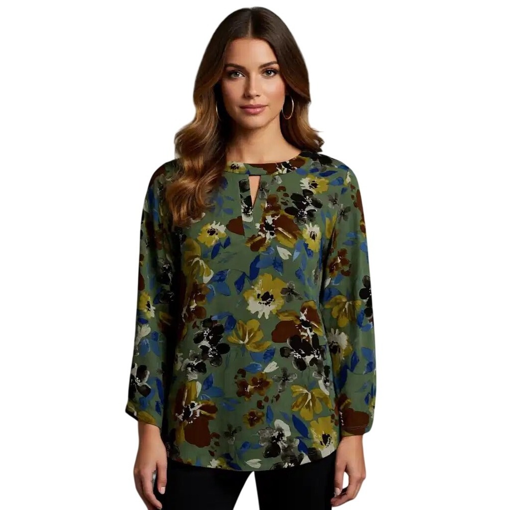 CURE. Womens Olive Green Floral Keyhole Roll Tab Sleeve Blouse Size Small  NWT